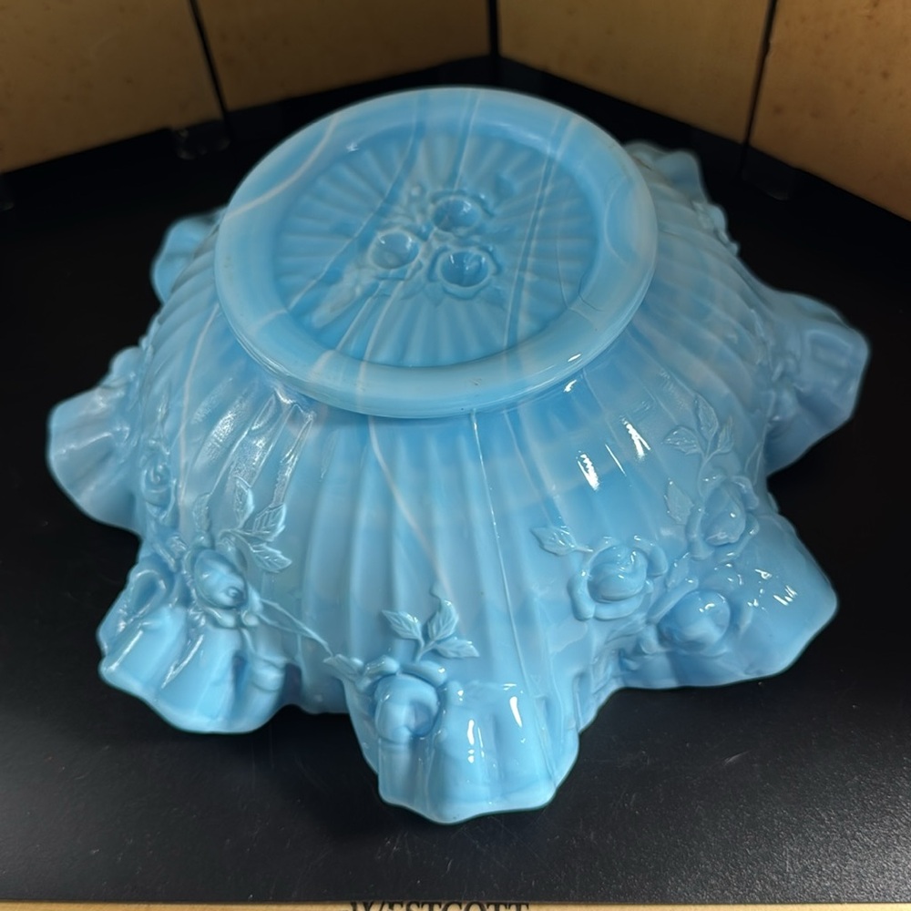 Vintage Fenton Blue Cabbage Rose Slag Glass  Bowl with Ruffled Edge - Picture 3 of 5
